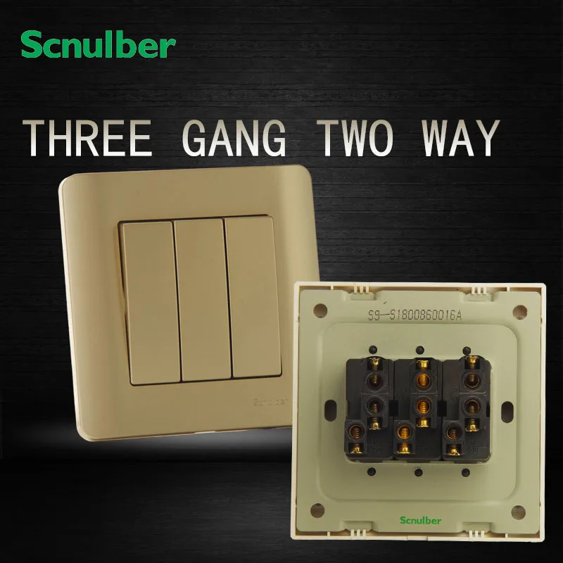 86x86 16A home lamp latching push button luxury champagne 3 gang 2 way electrical wall switch panel