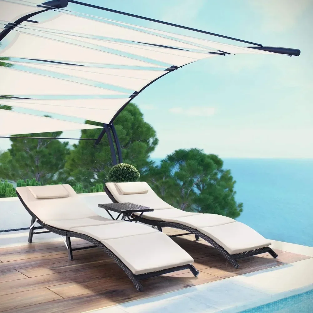 

3PCS Patio Chaise Set Outdoor Poolside PE Rattan Reclining Lounge Chair w/ Cushion & Folding Table (Beige/Blue/Red)