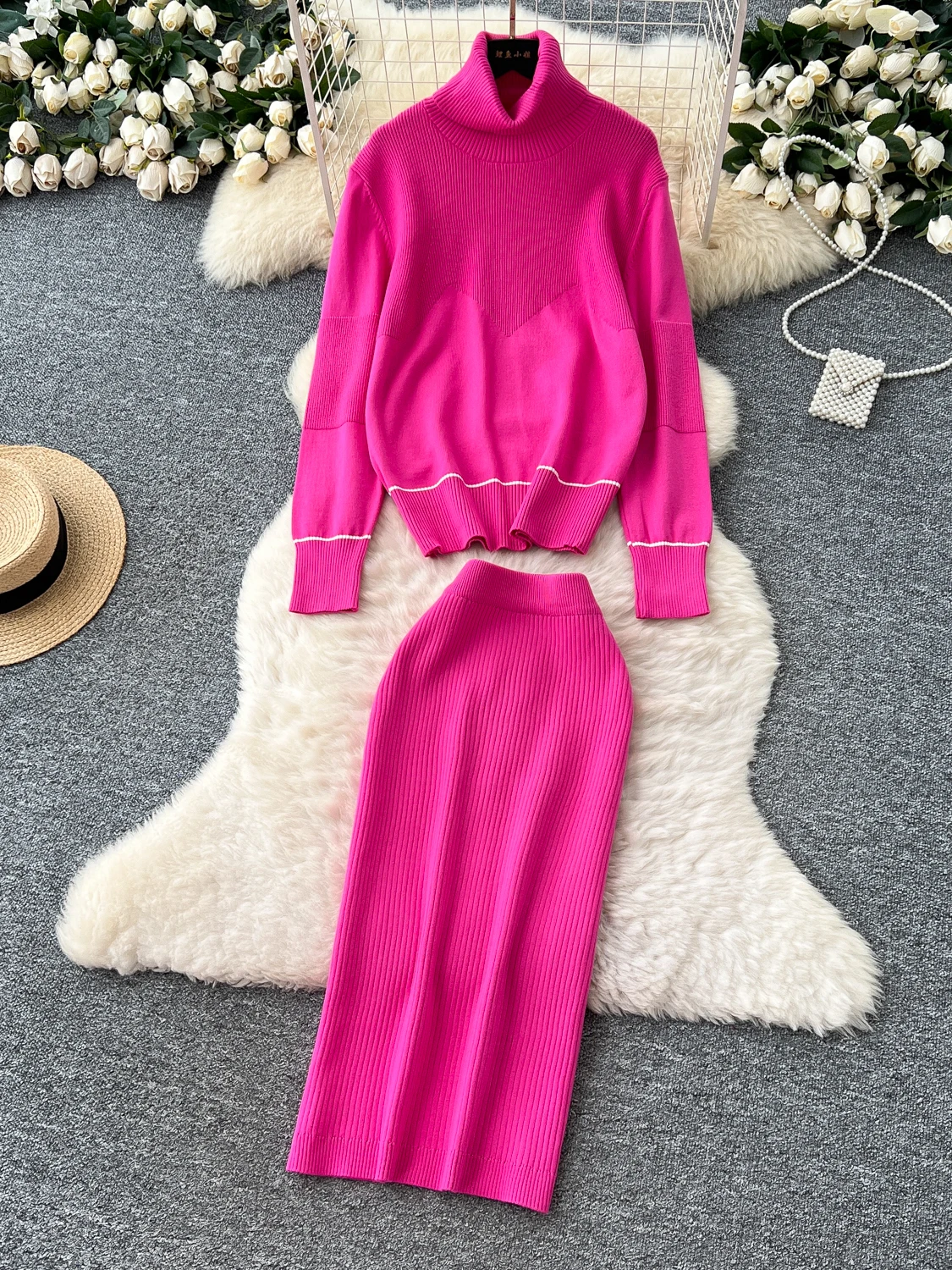 

Laid-ba Sle Knitted Sweater Set Women's Autumn Winter Loose Color Blo High Collar Long Sve Top Bodycon Skirt