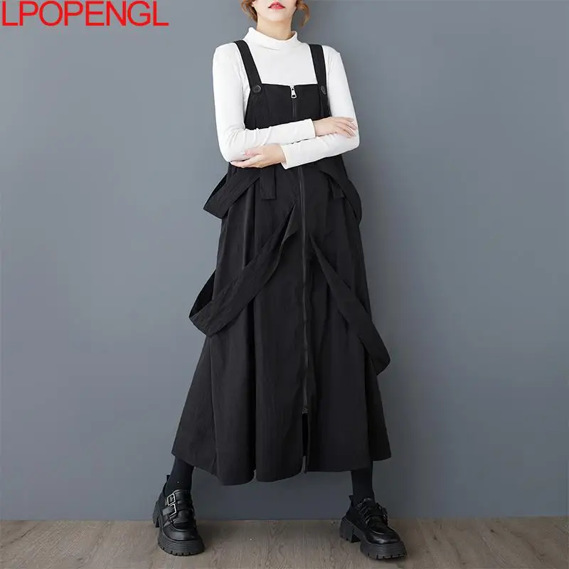 Spring And Summer 2025 New Women's Streetwear Fashion Versatile Loose Spaghetti Strap Zipper Square Collar Pockets A-line Dress