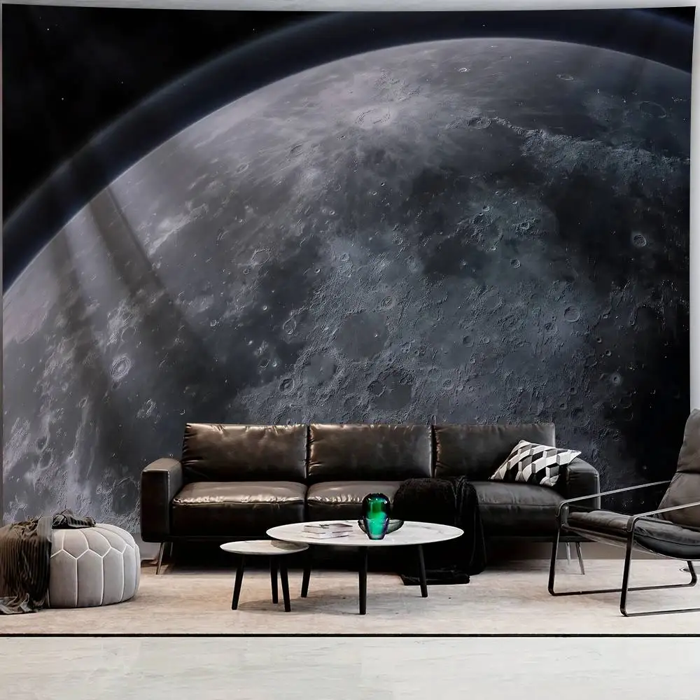 Moon Surface Space Tapestry, Detailed Crater Lunar Planet Close‑Up View Dark Deep Starry Outer Space Cosmic Scenery Decor