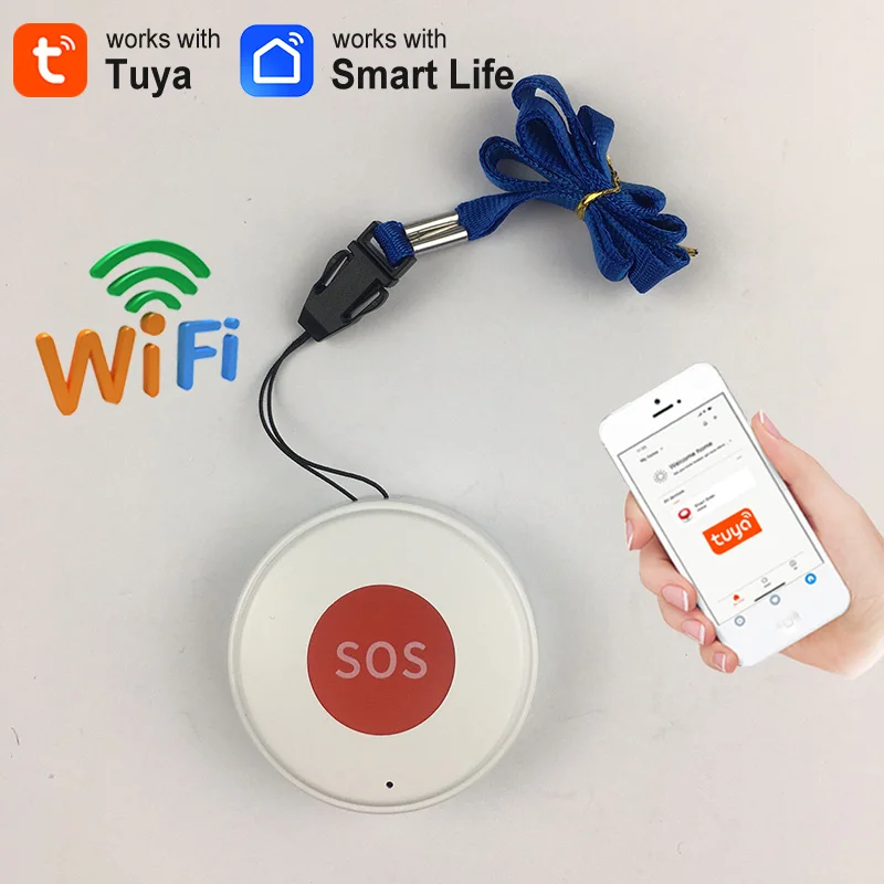 Tuya WiFi SOS Panic Button White Smart Life APP Notifications One Key Alert Wall Sticky /Neck Strap Design for Elderly & Kids