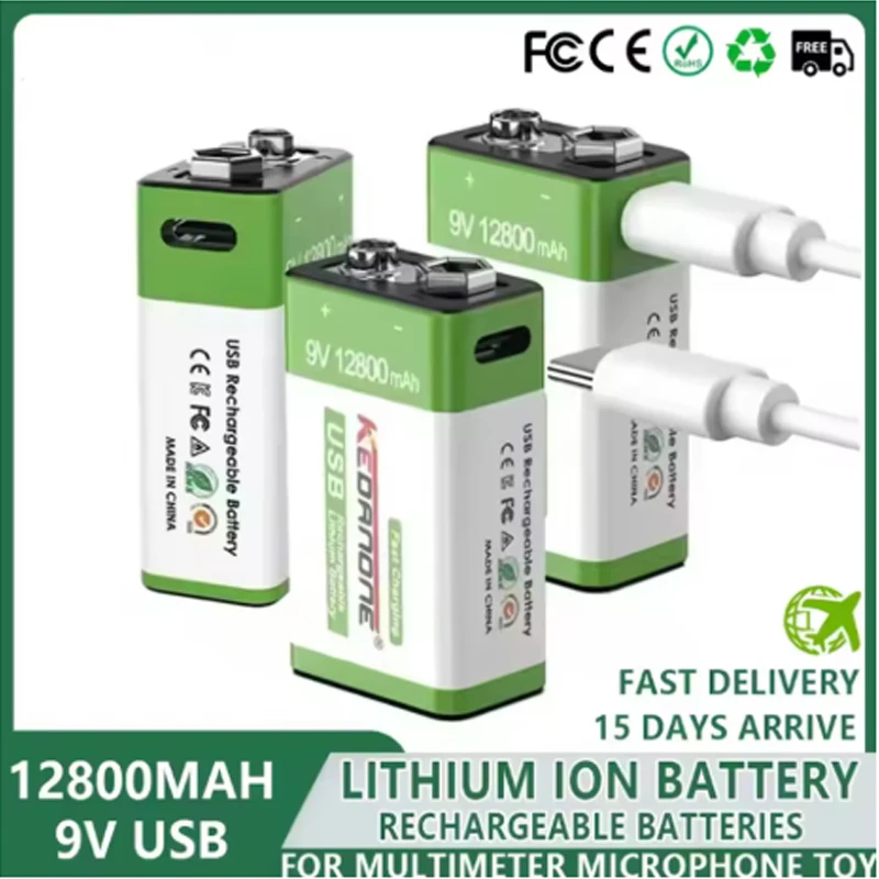 

High-Capacity 12800mAh 9V Rechargeable Li-ion Battery for Multimeters, Microphones, Toys, Remote Controls & Electric Guitars