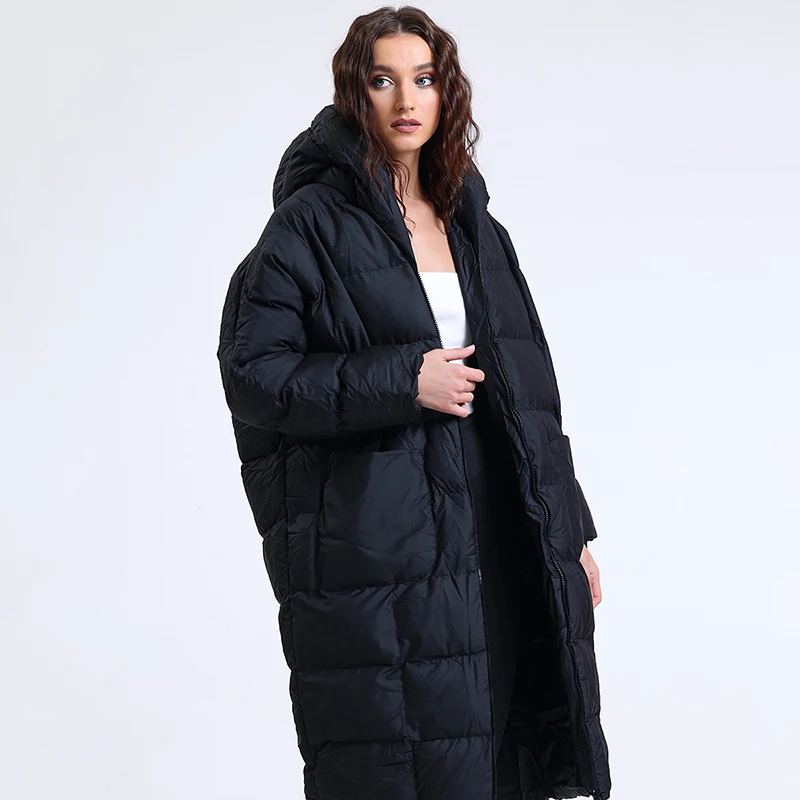 الشتاء طويل مقنعين جيب كبير أسفل سترة المرأة مزدوجة سستة سميكة باركر أبلى الإناث الدافئة مبطن طول الركبة أسفل السترات