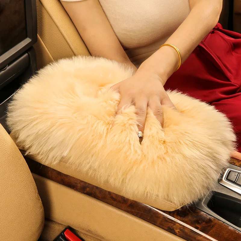 Pure Wool Car Armrest Box Mat Winter Warm Plush Armrest Cushion Cover Sheepskin Center Console Raised Armrest Mat Car Supplies