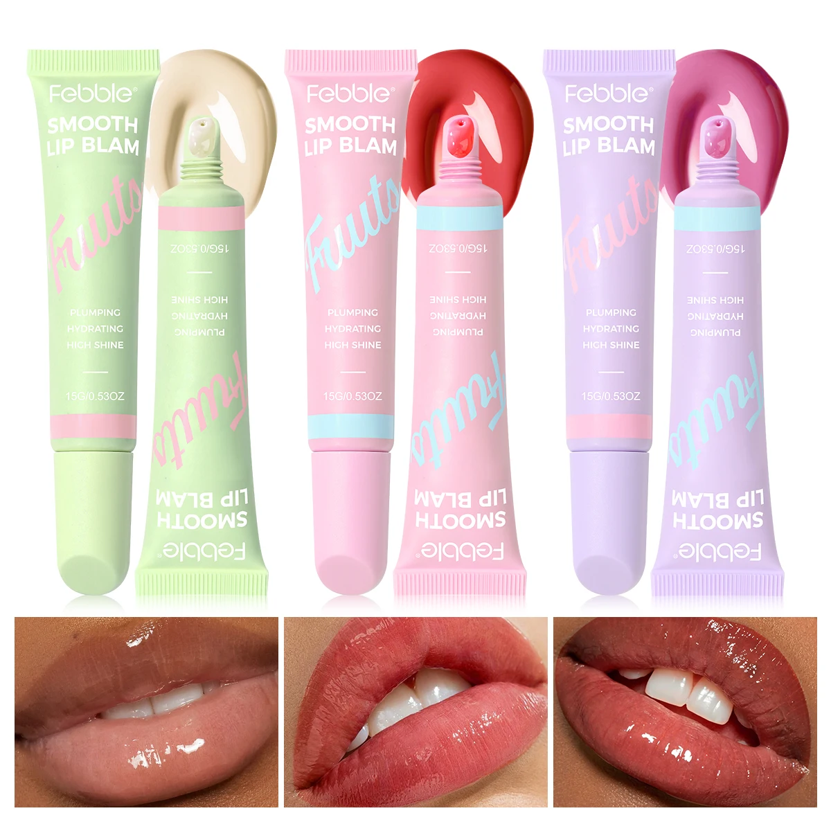 Conjunto de 3 peças, bálsamo labial de brilho labial de gelatina cristalina, hidrata e suaviza linhas labiais, lábios de vidro de cor labial gelatinoso, fragra frutado