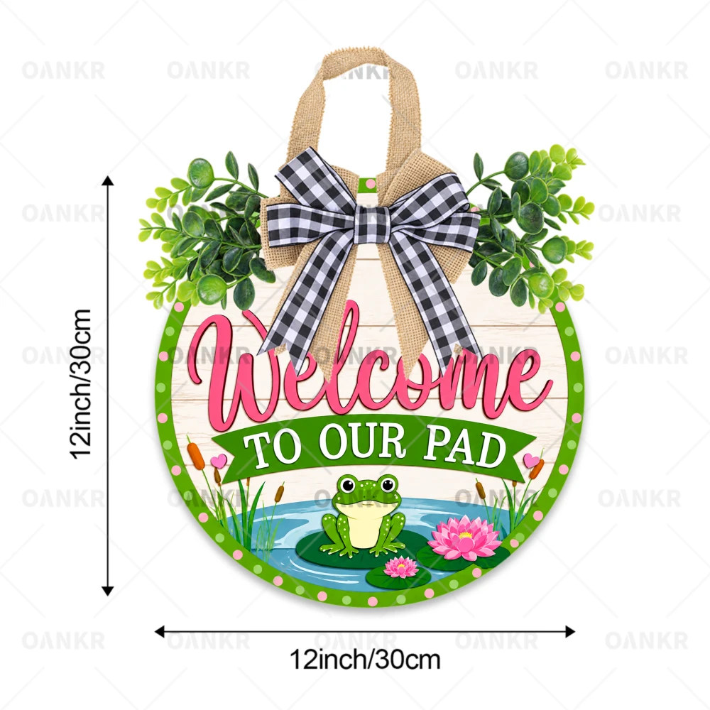 1PC Welcome Wooden Door Wreath, 5 Decorative Bow & Greenery Styles Available, Rustic Farmhouse Round Welcome Sign for Front Door, Porch, Entryway & Wall Decor, Classic Signs Welcome To Our Pad Frog, 2D Flat, 12x12 Inches