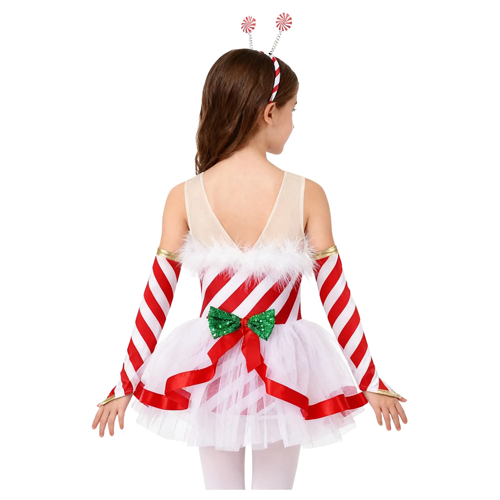 الفتيات قصب الحلوى السيدة سانتا كلوز زي مخطط شبكة عيد الميلاد الرقص الشكل التزلج توتو فستان يوتار مع الأكمام أغطية الرأس #2
