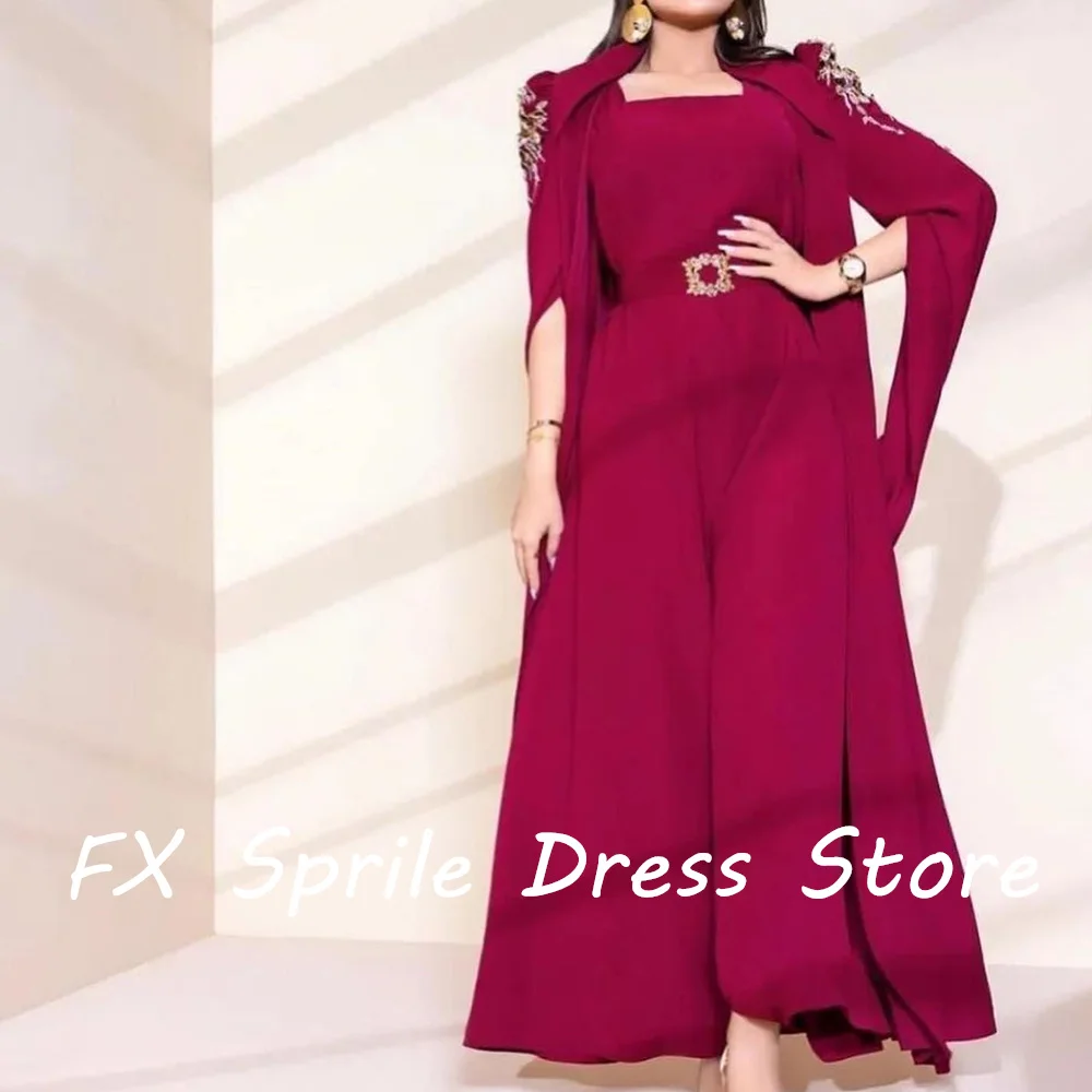 CustomizedA-Line Square Neck Long Sleeves Chiffon Appliques Ankle Length Crystal Solid Color Evening Dress For Formal Occasions