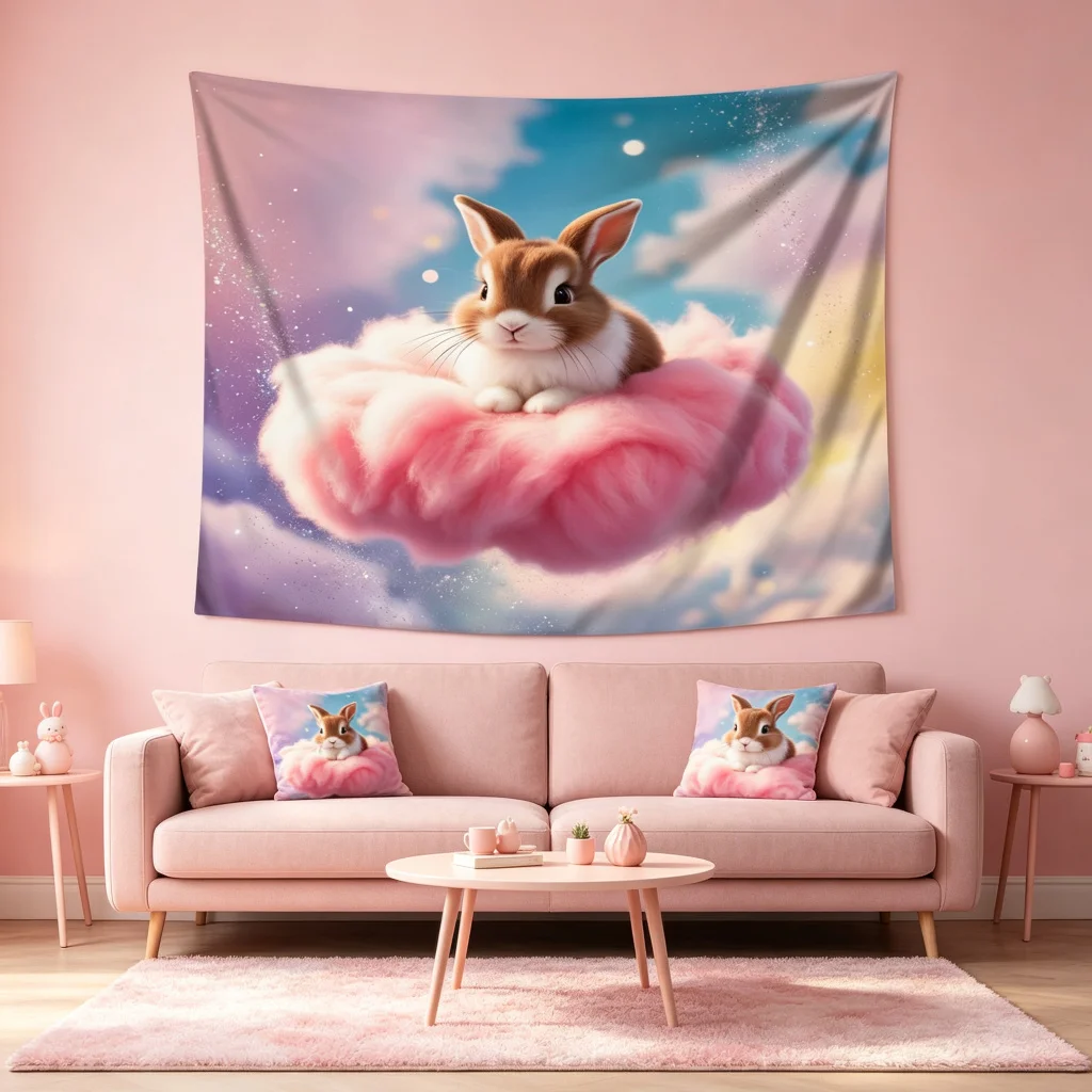 1PC Bunny Pink Cloud Starry Sky Print Backdrop Banner, Bedroom Living Room Photo Background, Polyester, Home Decor, Wall Art