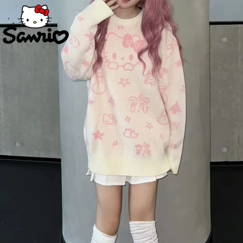 Sanrio Hello Kitty Women Sweaters Pullovers Y2k Casual Winter Cute Bottom Shirt Girl Long Sleeve T-Shirt Loose Knitted Top Gift