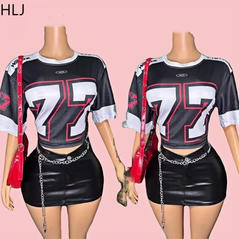 

HLJ Black Y2K Fashion Letter Print Two Piece Sets Women O Neck Short Sleeve Loose Top And Leather Mini Skirts Outfits Streetwear