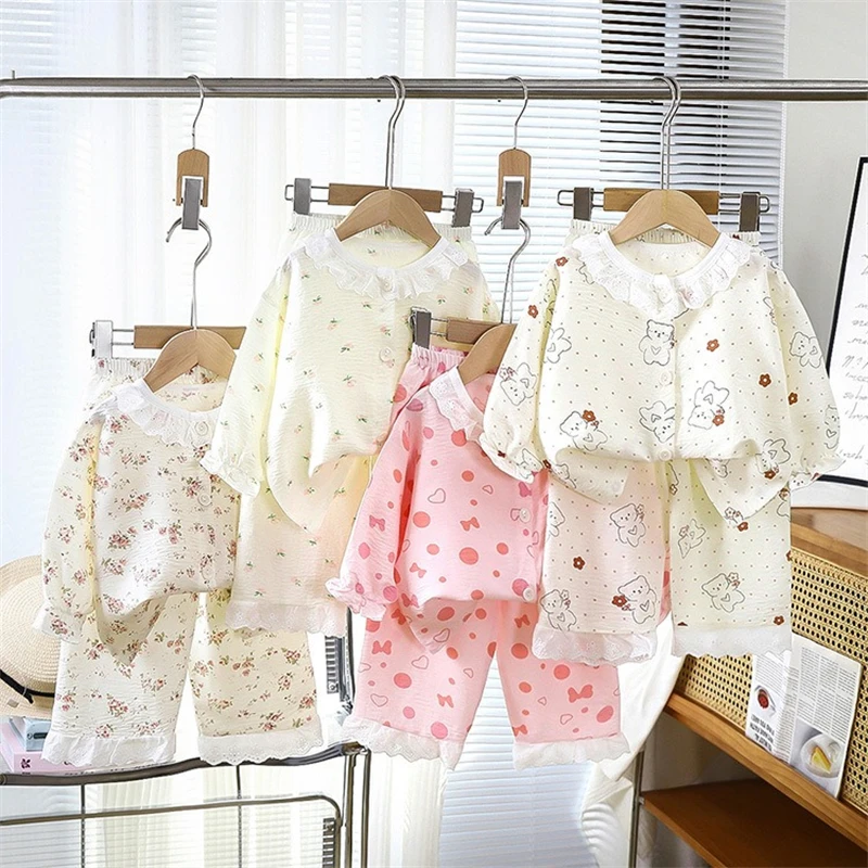 Niedliche Blumen-Schlafkleidung für Kinder, 2-teiliges Set, Homewear-Pyjamas für Kleinkinder, dünn, für Frühling und Sommer, Jungen- und Mädchenbekleidung für klimatisierte Räume – Detail 2
