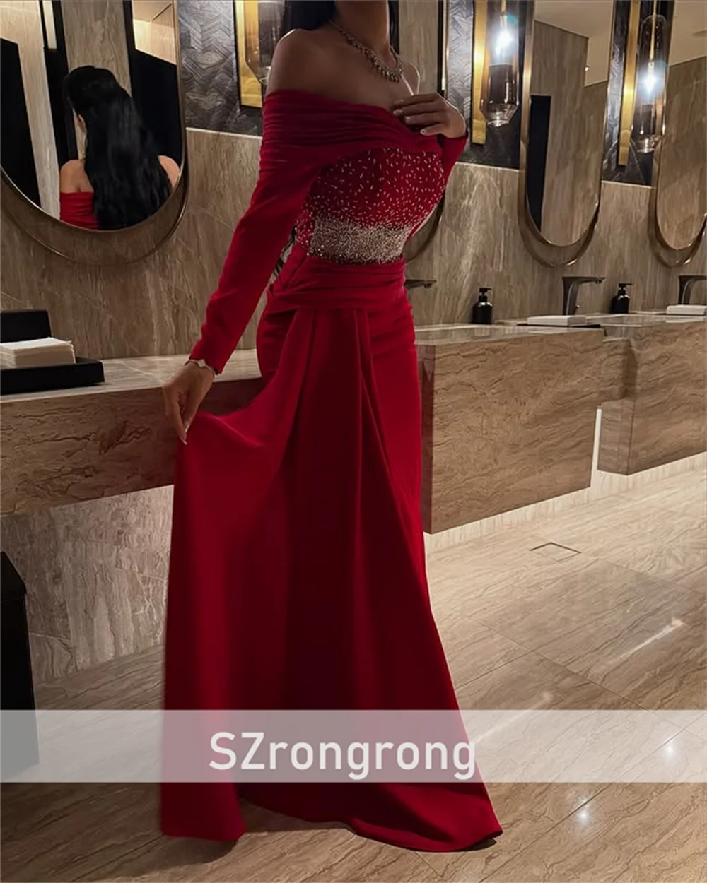 샤론 사우디 뉴 스타일 여성용 새틴 이브닝 드레스 긴팔 크리스탈 시스 백리스 롱 프롬 가운 스윕 코트 맞춤 제작