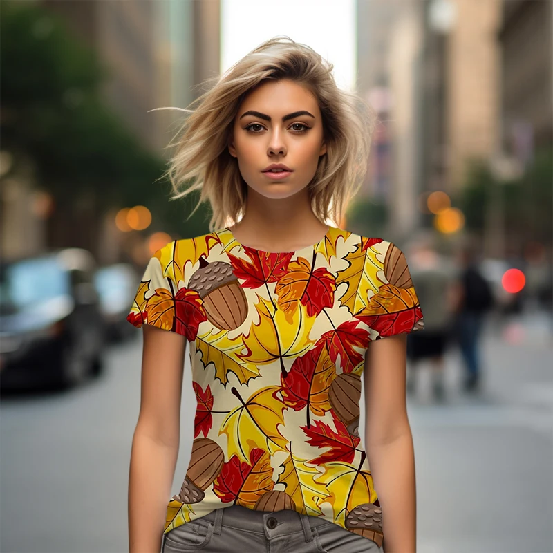 Yellow Leaf 3D Printed Women's T-shirt Casual Style Women's T-shirt Fashion Trend Women's T-shirt Summer New Women's T-shirt