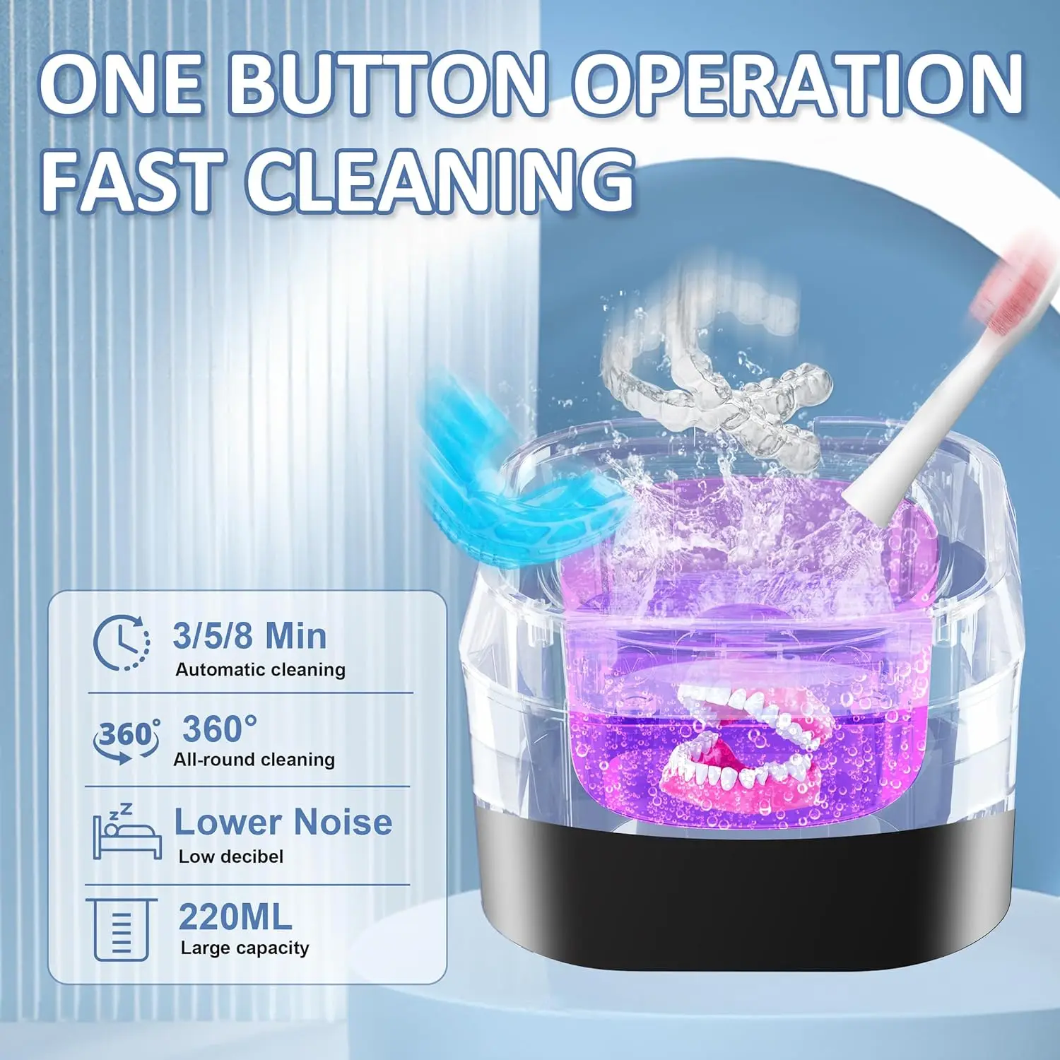 Ultrasonic UV Cleaner for Dentures 220mL 45000HZ 360 Degree Deep Cleaning Automatic Cleaning Ultrasonic Dental for Retainer