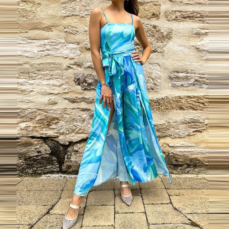 

Elegant Off Shoulder Sleeveless Long Jumpsuit Fashion Pattern Print Tie-Up Waist Sling Romper Sexy Split Wide Leg Women Playsuit