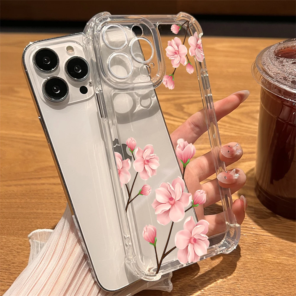 

Phone Case for IPhone 14 13 ProMax XR XS Max 7 8Plus SE 12 11 Luxury Transparent Shockproof Hard Back Coque Flowers Floral Cover