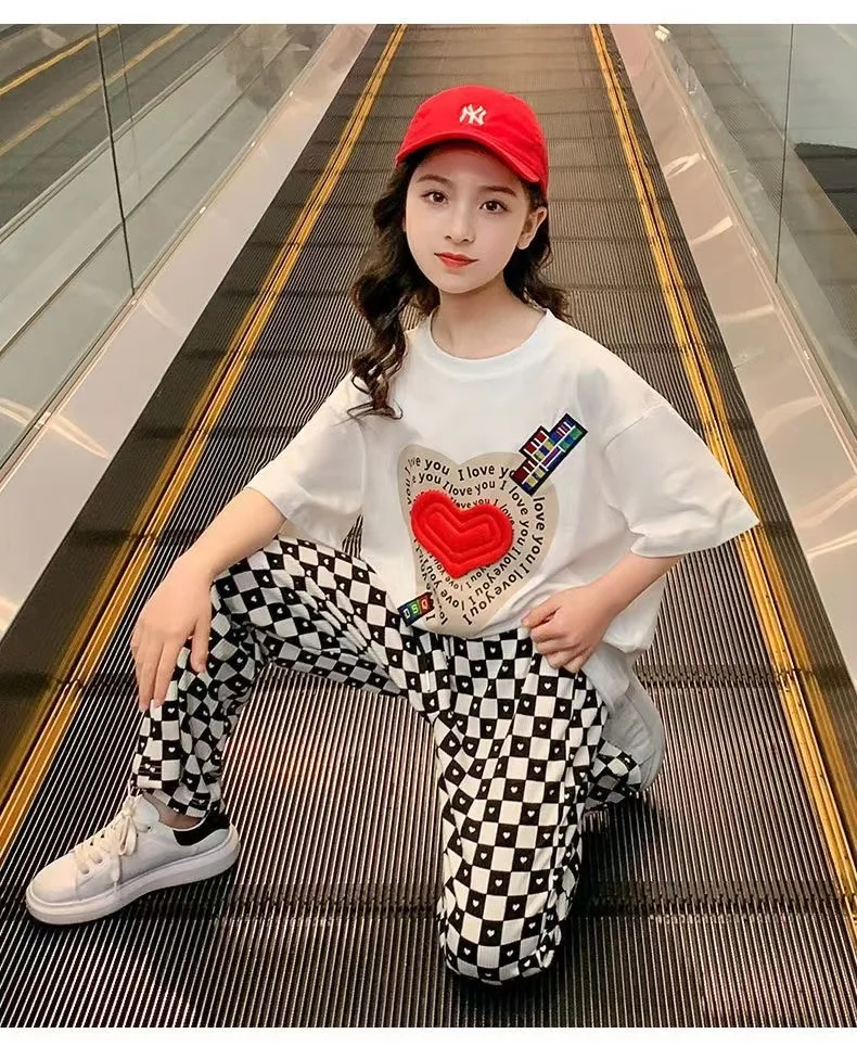 2024 summer Girls clothes children set Kids HEART loose hoodie short t-shirt + checked wide leg pant 4 5 6 7 8 10 12 years teens