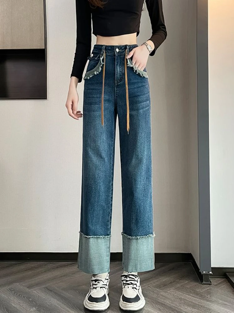 Ankle-length Jeans Women High Street Fashion Simple Design Empire Vintage Leisure Patchwork Do Old Straight Loose Hotsweet Cozy