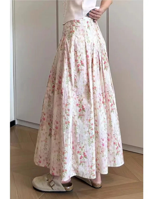 

Summer Floral Print A-Line Midi Skirt Women's Loose Flared Pleated High Waist Polyester Fiber Casual Commute Sle plus Size