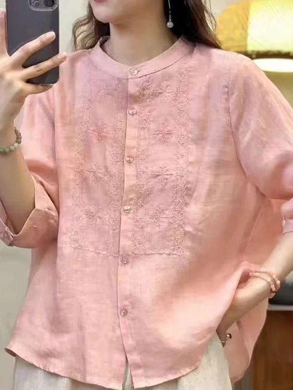

Retro Heavy Embroidery Linen irt Women Summer Thin Artistic Loose Casual Cotton Linen Top Button Design Five-Quarter Sve