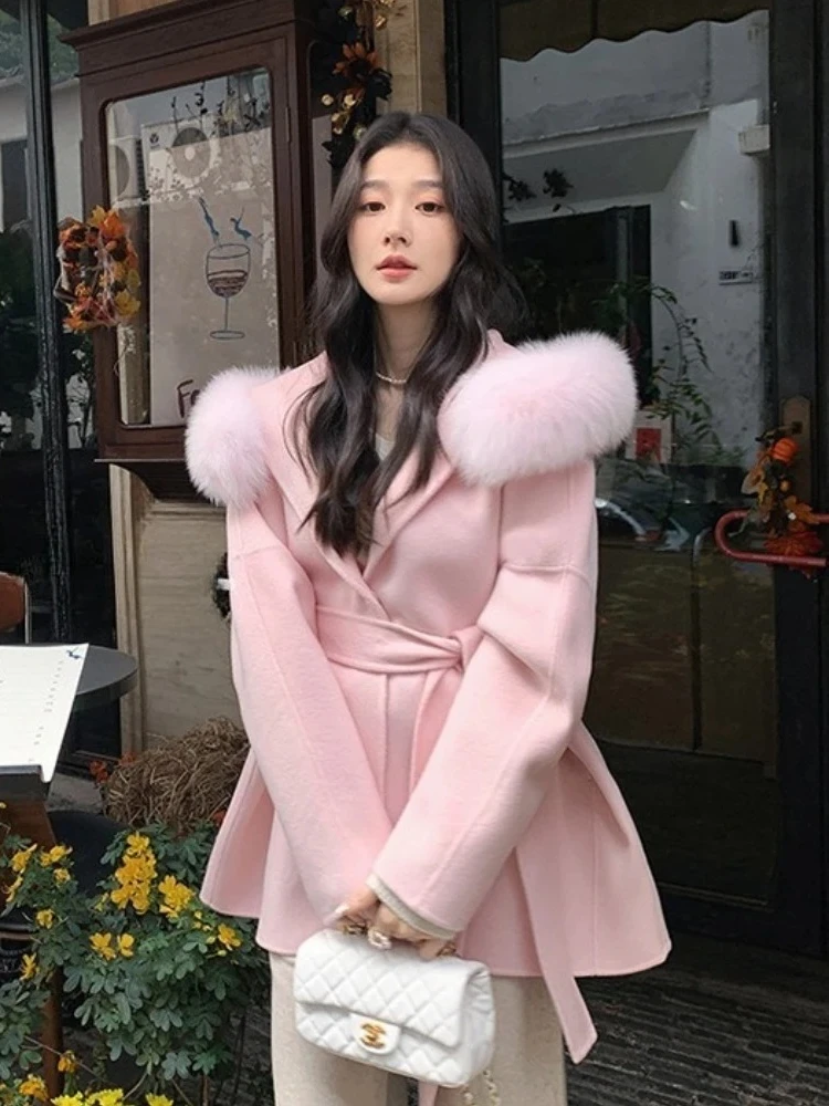 المرأة مزدوجة الوجه معطف الصوف الخريف الشتاء الملابس الإناث 2025 موضة جديدة مقنعين ريال فوكس الفراء الكشمير سترة صوفية
