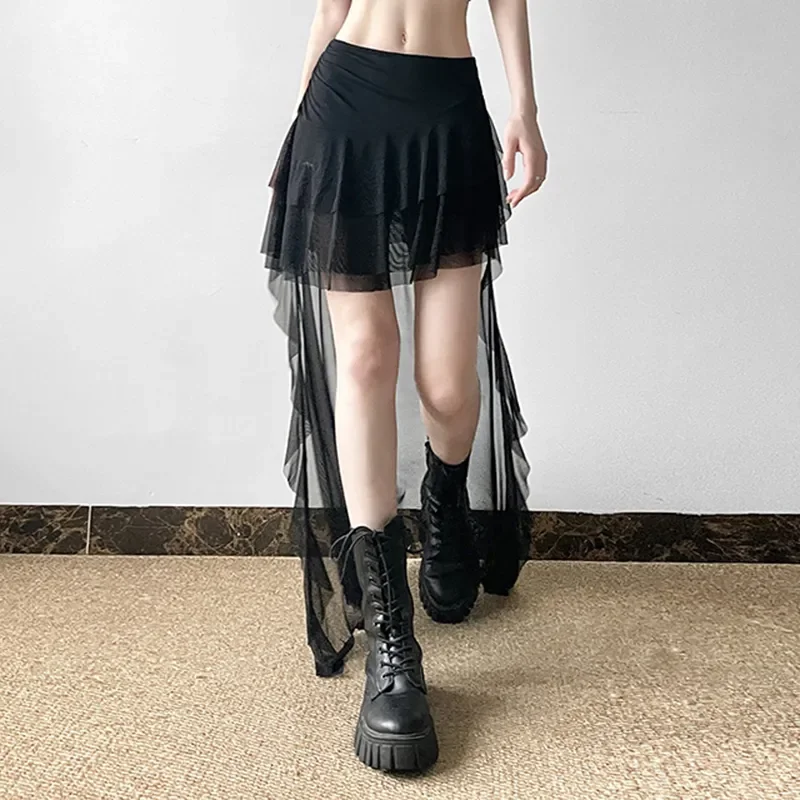 

French Fashion Ruffled Mesh Splicing Skirt Irregular Skirt 2024 New Style Trend Solid Color Sexy Transparent Skirt For Women