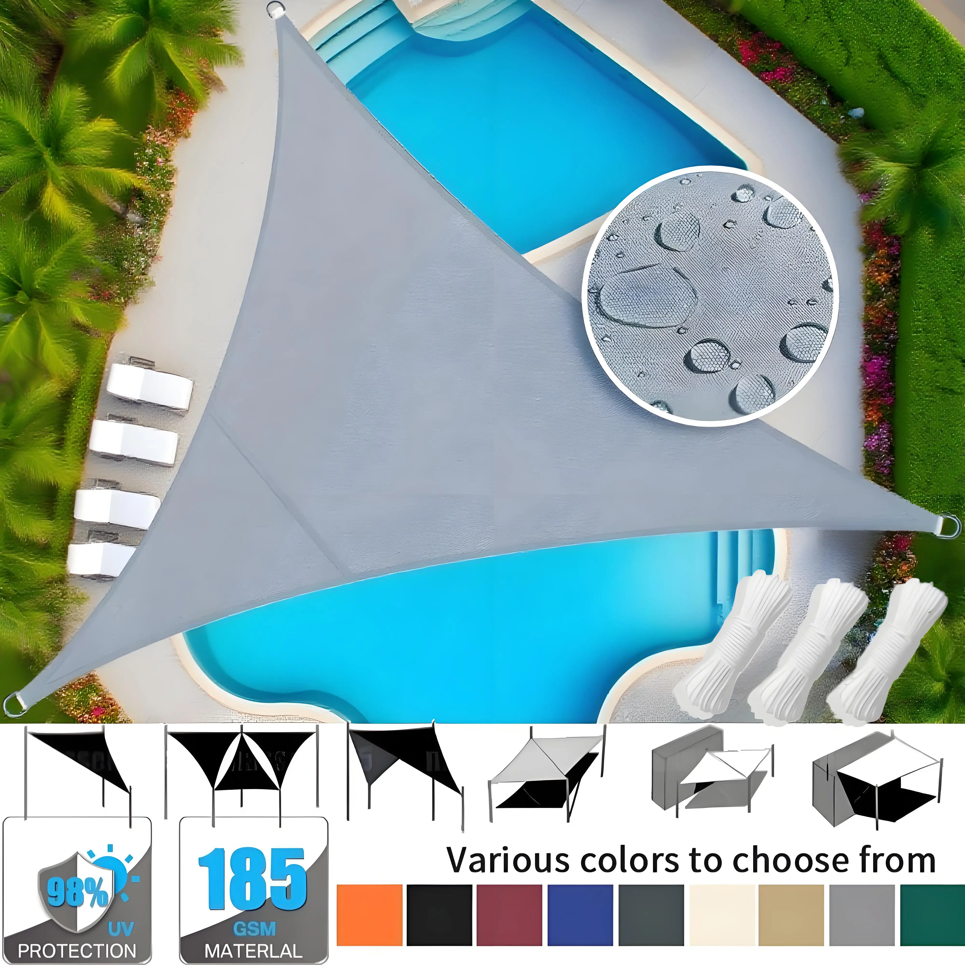 Waterproof Sun Shade Sail 98% UV Block Triangle Canopy Garden Sails for Outdoor Patio Pool Beach Sunscreen Awning with Free Rope