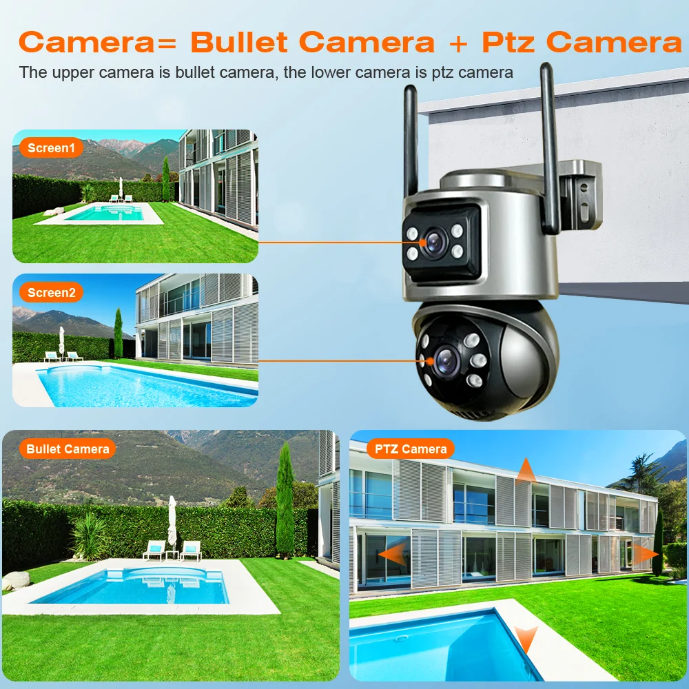 8MP 4K PTZ Wifi Camera with Dual Lens Dual Screens AI Human Detection Wireless Outdoor CCTV Security IP Camera ICSEE App