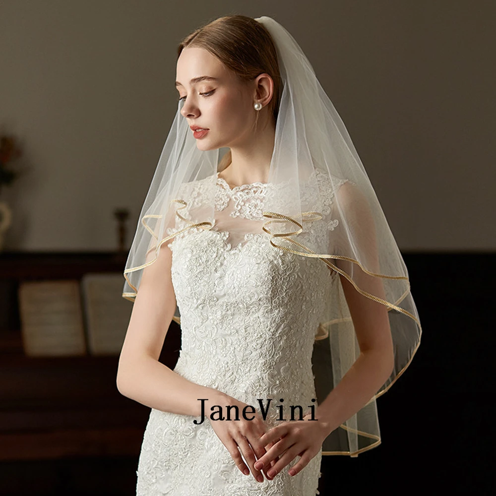 JaneVini 2024 Elegant Off White Short Bridal Veils with Comb Two Layers Champagne Edge Soft Tulle Veil Wedding Bride Accessories