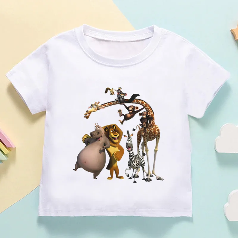 Camiseta con estampado de animales de Madagascar para niños, camisetas de verano para niñas, ropa divertida para bebés, León, cebra, jirafa, gran oferta