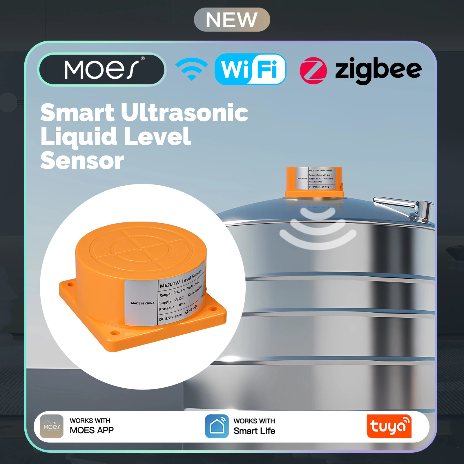 

​​MOES WiFi/ZigBee Ultrasonic Water Level Detector - Smart Tank Monitor with Real-Time Alarms, Tuya APP Remote Control