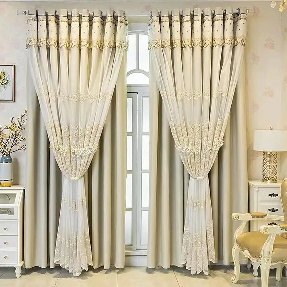 1 Panel 132cm Width European Double Layer Curtain with Valance for Living Room Bedroom Luxury 3D Flower Embroidered Curtain