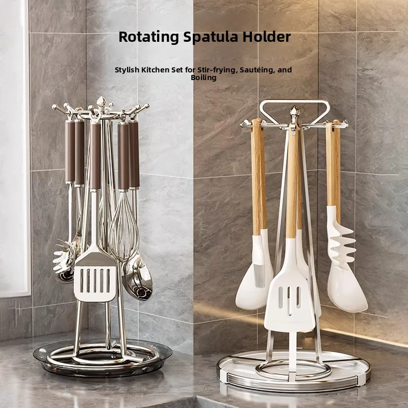 Modern Stainless Steel Kitchen Countertop Storage Rack Rotating Spoon Holder Utensil Caddy Draining Stand Home Use Organizer