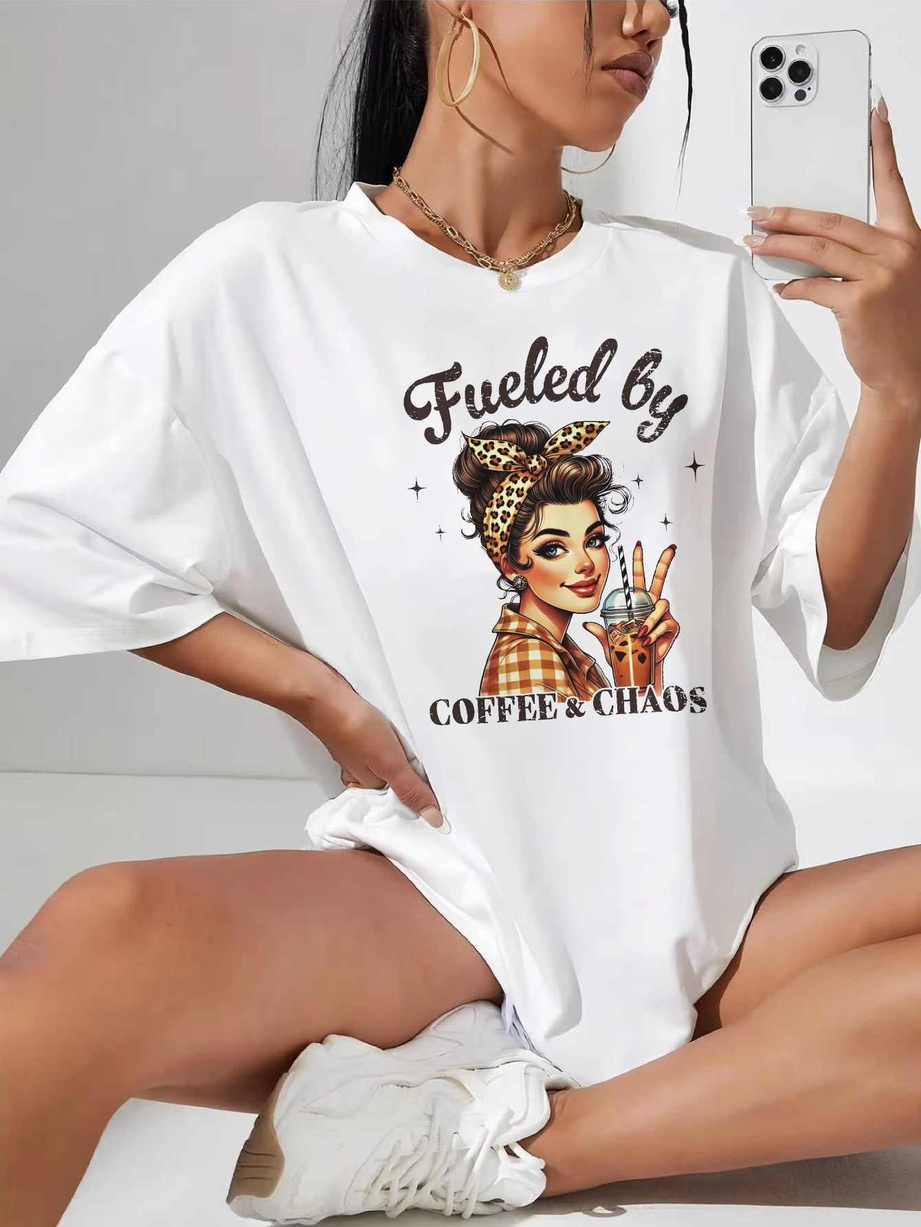 

Fueled By Coffee Chaos Oversized white cotton maternity tee relaxed fit round neck soft comfort