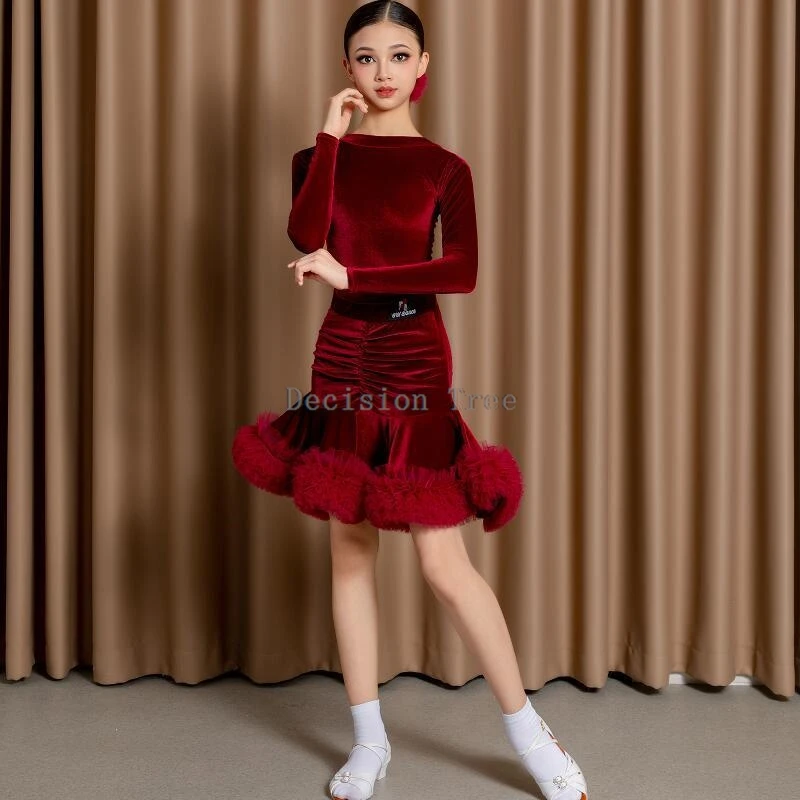 2025 new autumn and winter children's velvet latin dance costumes girls' practice costumes performance latin dance dress sets