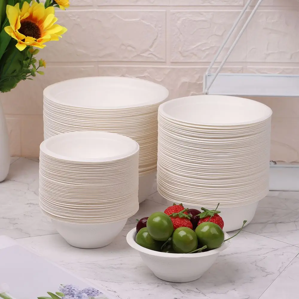 50PCS/Pack 220/350/500ml Disposable Dinnerware ECO-Friendly White Paper Bowl Disposable Tableware Outdoor Party Dining Supply