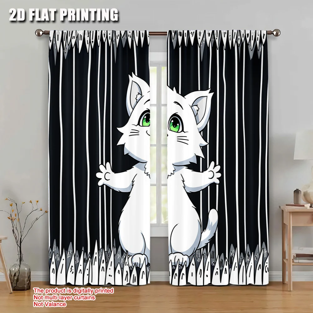 

2pcs 2D flat printing Scene Curtains Black Cat Scratching Versatile Polyester Fabric Without Electricity Family Party for