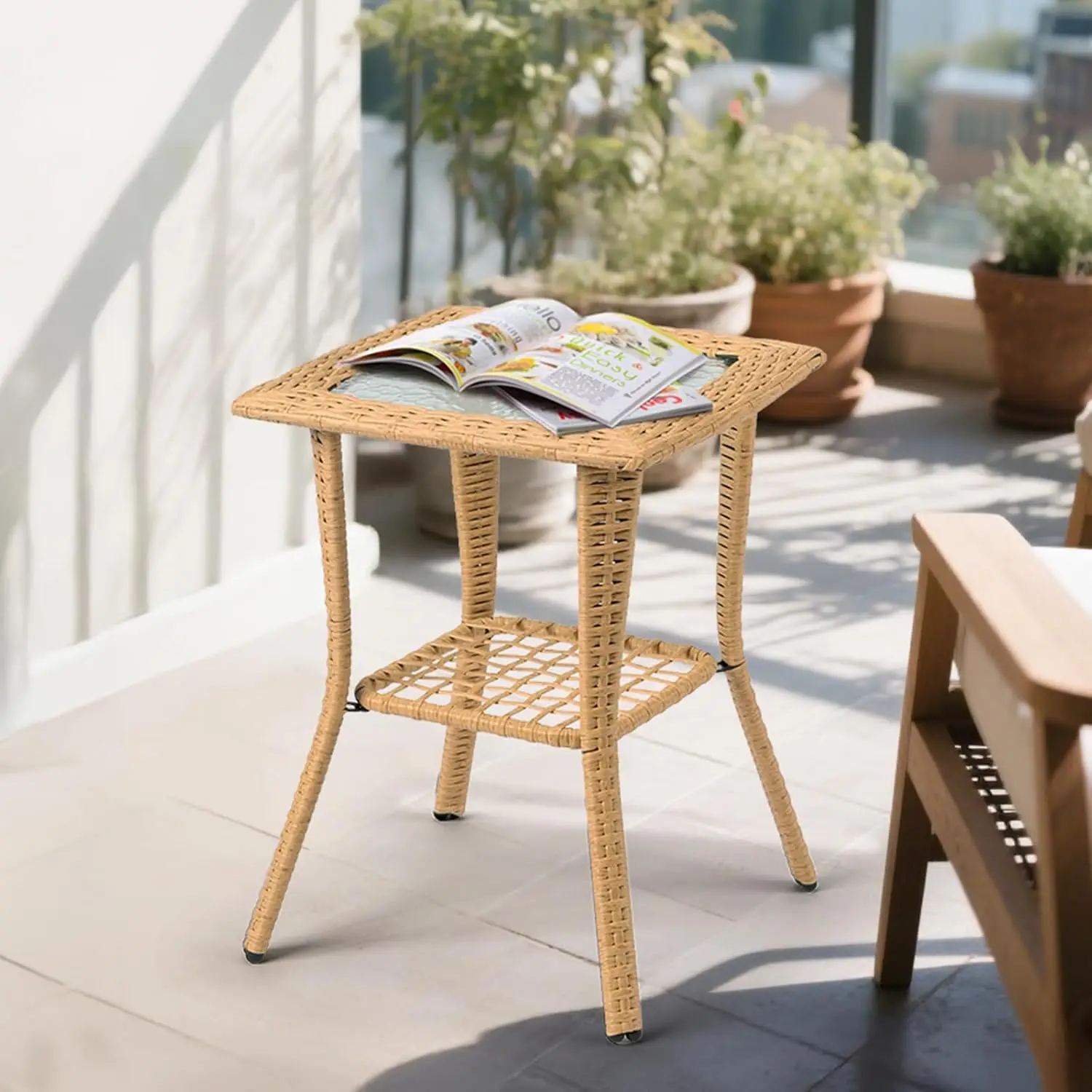 Outdoor Wicker Side Table, Rattan End with Glass Top, Patio Coffee Bistro for Indoor Garden Porch Balcony (Beige), Customized