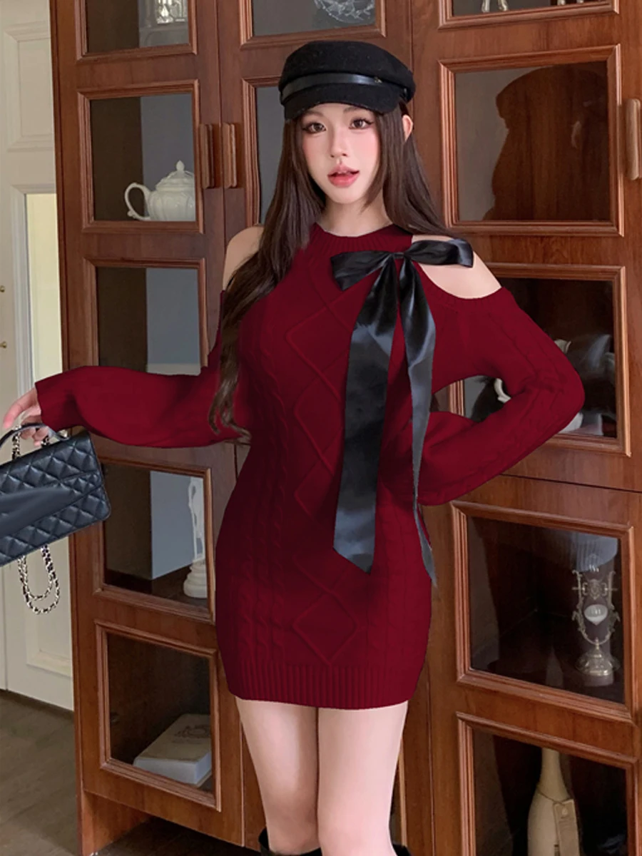 Elegant round Neck  Knot Shoulder Bared Knitted Wrap around Skirt Sweet Pure Desire Age Reduction Autumn Winter Inne...