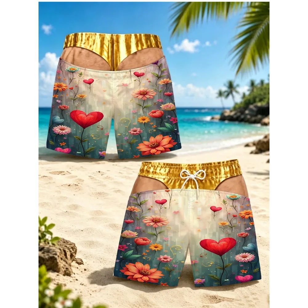 Romantic Heart Flower Art Print Men Swim Trunks Quick Dry Drawstring Beach Shorts Optical Illusion Board Shorts