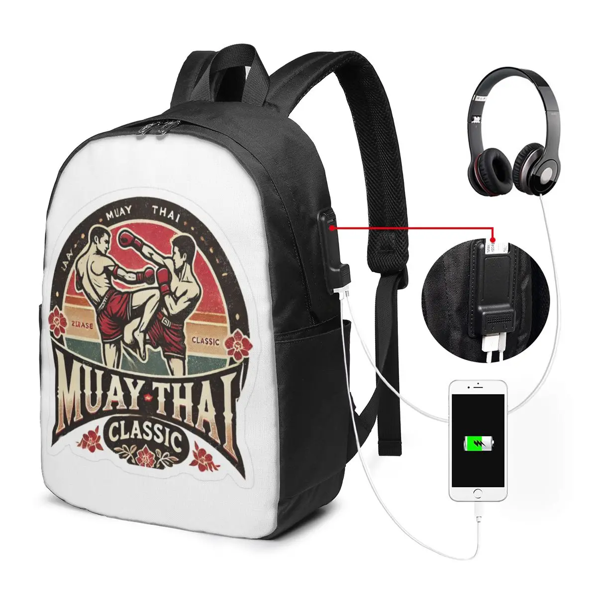 Vintage Muay Thai And Flower Backpack Travel Notebook Bag Computer College Student School Bag Laptop Shoulder Bags for Men Women