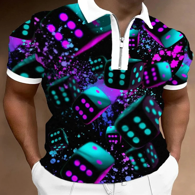 

Fashion Dice 3D Print Polo Zipper Short Sleeve Shirt for Men