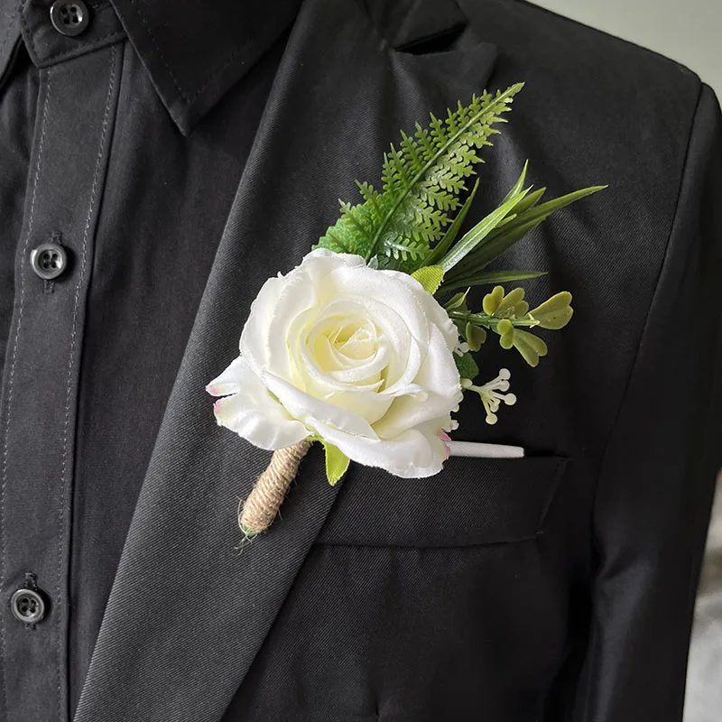 Ramillete de muñeca Boutonniere para dama de honor, accesorios de novia, rosas blancas, flores artificiales, alfileres de ojal, broche de matrimonio para hombres