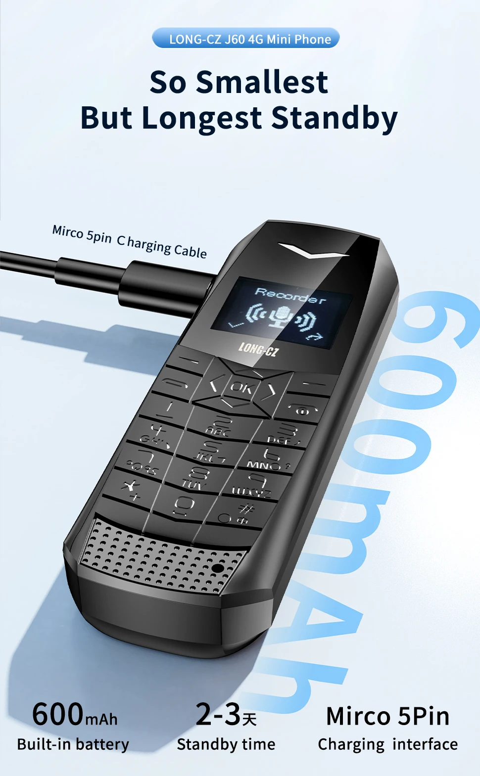 Super Mini Phone J60 4G Network Mobile Phone Wireless Bluetooth Keyboard Pocket Cellphone Alarm Clock SOS MP3 Player Recorder