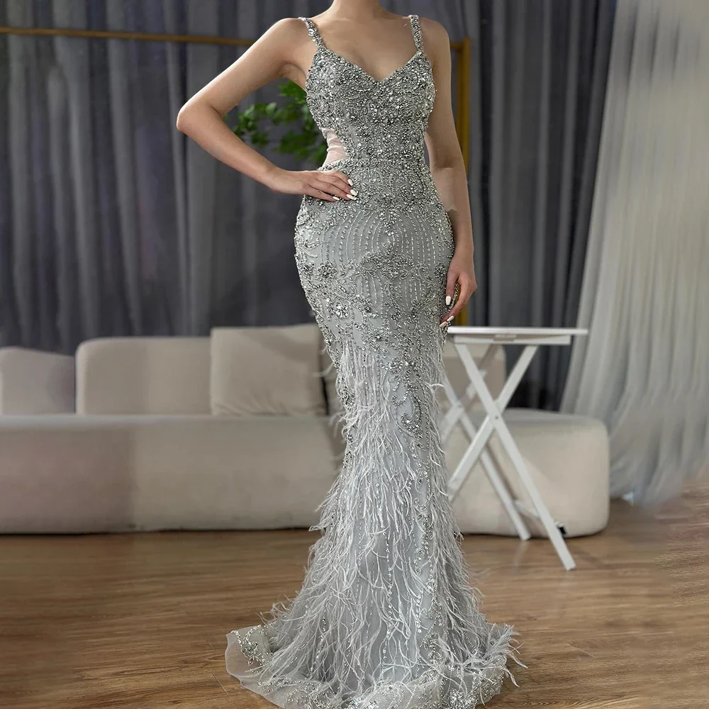 Serene Hill Arabic Grey Mermaid Spaghetti Straps Evening Dresses Gowns Luxury Beaded 2025 Wedding Party Customize BLA71652A