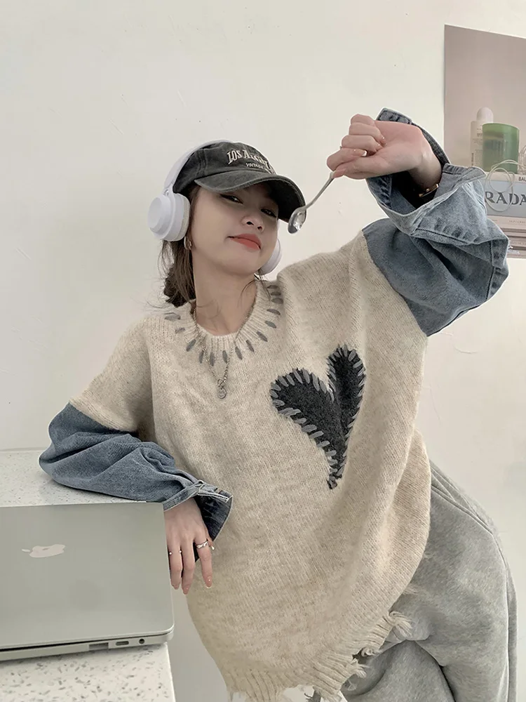 2023 Autumn Winter New Design Women Sweaters Long Sleeve Denim Stitching Knit Pullover Japanese Sweet Jumpers