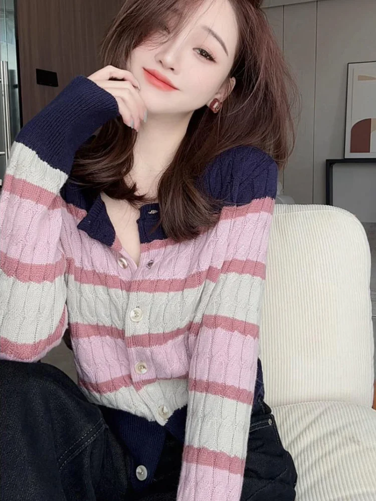 

Новый женский вязаный кардиган в полоску для похудения, свободный крой, корейский стиль, V-образный вырез, длинный рукав, модный топ с цветовыми блоками, весна