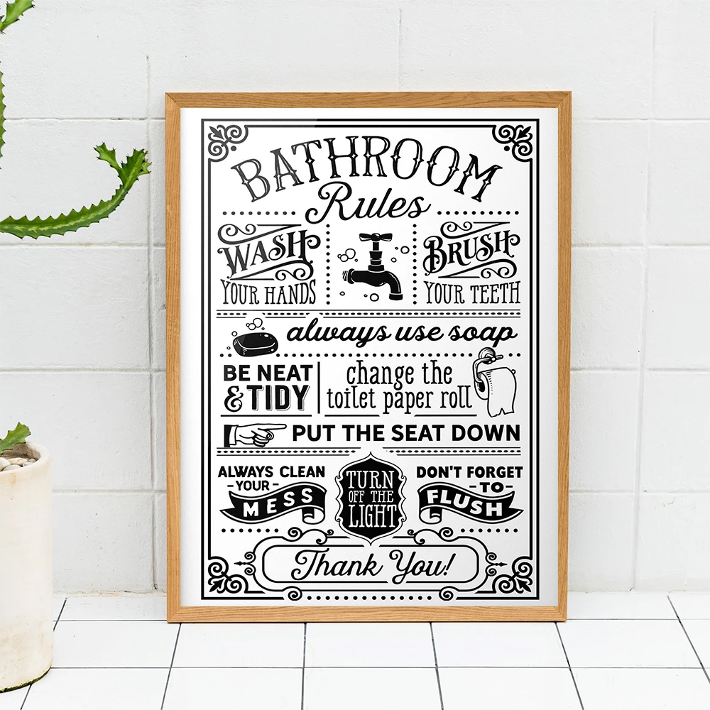 Śmieszne Znaki Zasad Łazienki Plakat Na Płótnie Szukaj Słów Wall Art Cytat Malarstwo Najlepszy Toliet Print Nowoczesny Humor Obraz Home Decor — zdjęcie 5